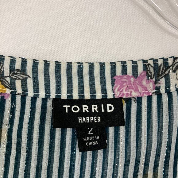Torrid Harper size 2X Striped Floral Lurex Chiffon V Neck Button Popover Top - Picture 4 of 12